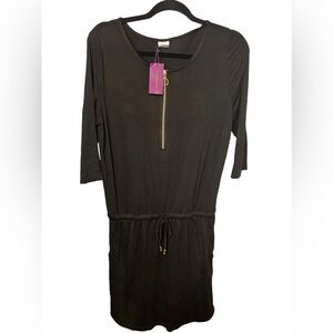 Lascana NWT Womens Black Front Zipper Tie Waist 3/4 Sleeves Pockets Blac…